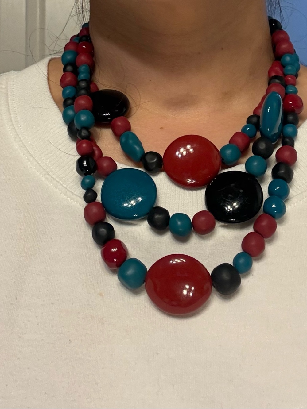 Liz Claiborne Red, Teal & Black Layered Beaded Necklace, vintage